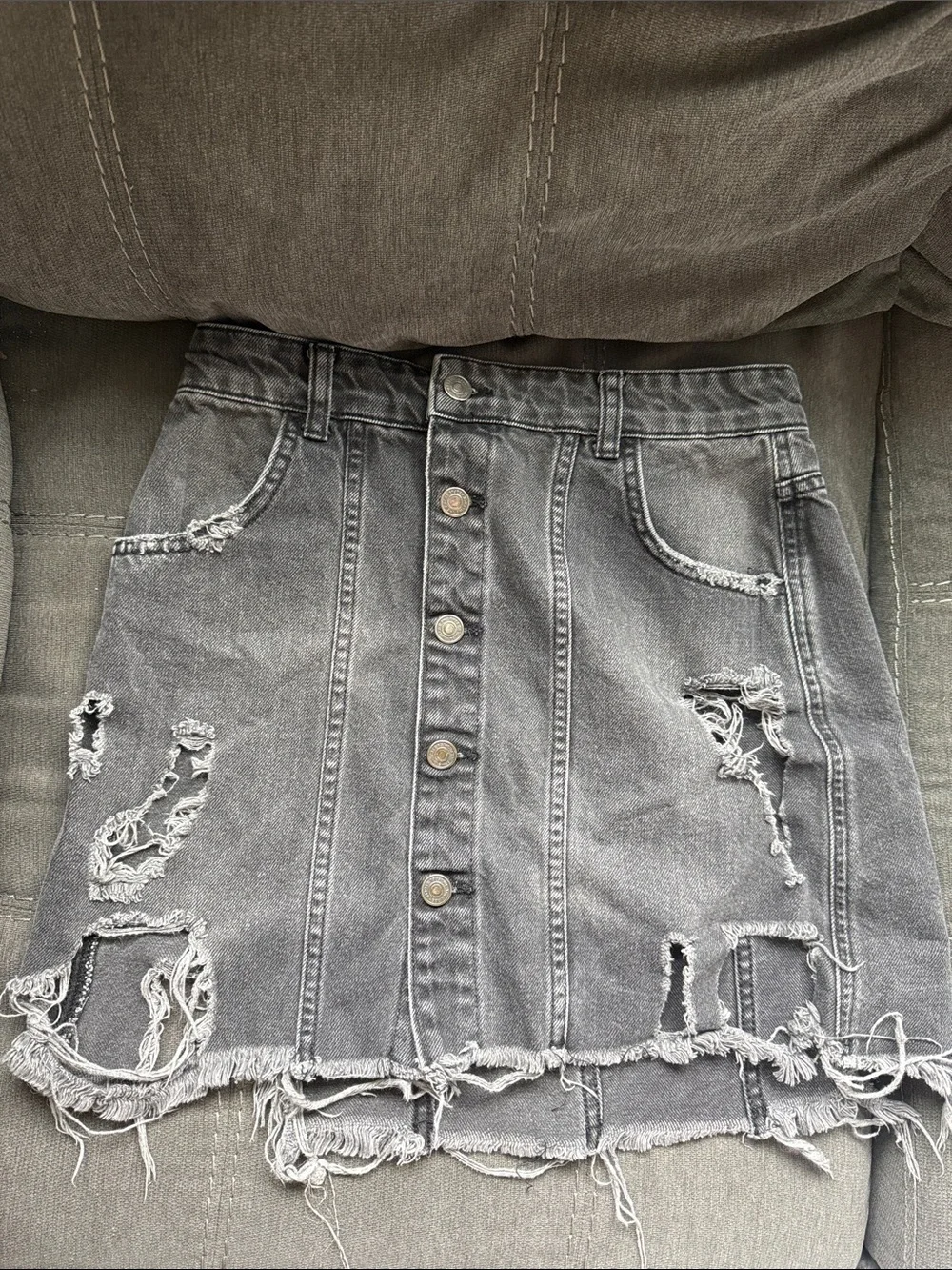 Free People Distressed Button-Front Gray Denim Mini Skirt